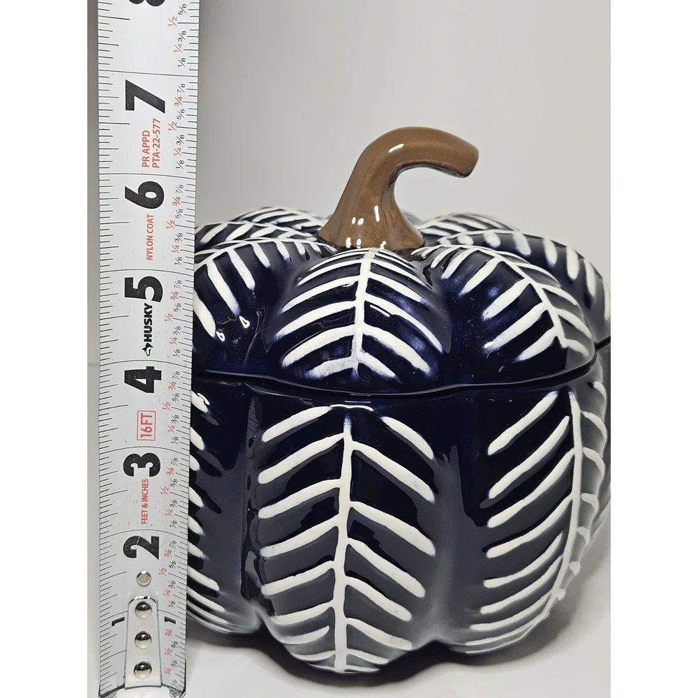 Blue White Ceramic Pumpkin Lidded Candy Dish Jar Thanksgiving Fall Decor 7in